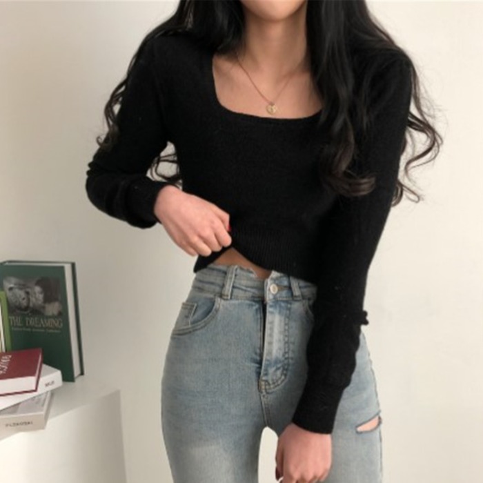 Slim Elegant Fur Crop Top Long Sleeve Square White Sweater Pullover Sueter Mujer Jumper Knitted Clothes Mohair tshirt Sweaters alx