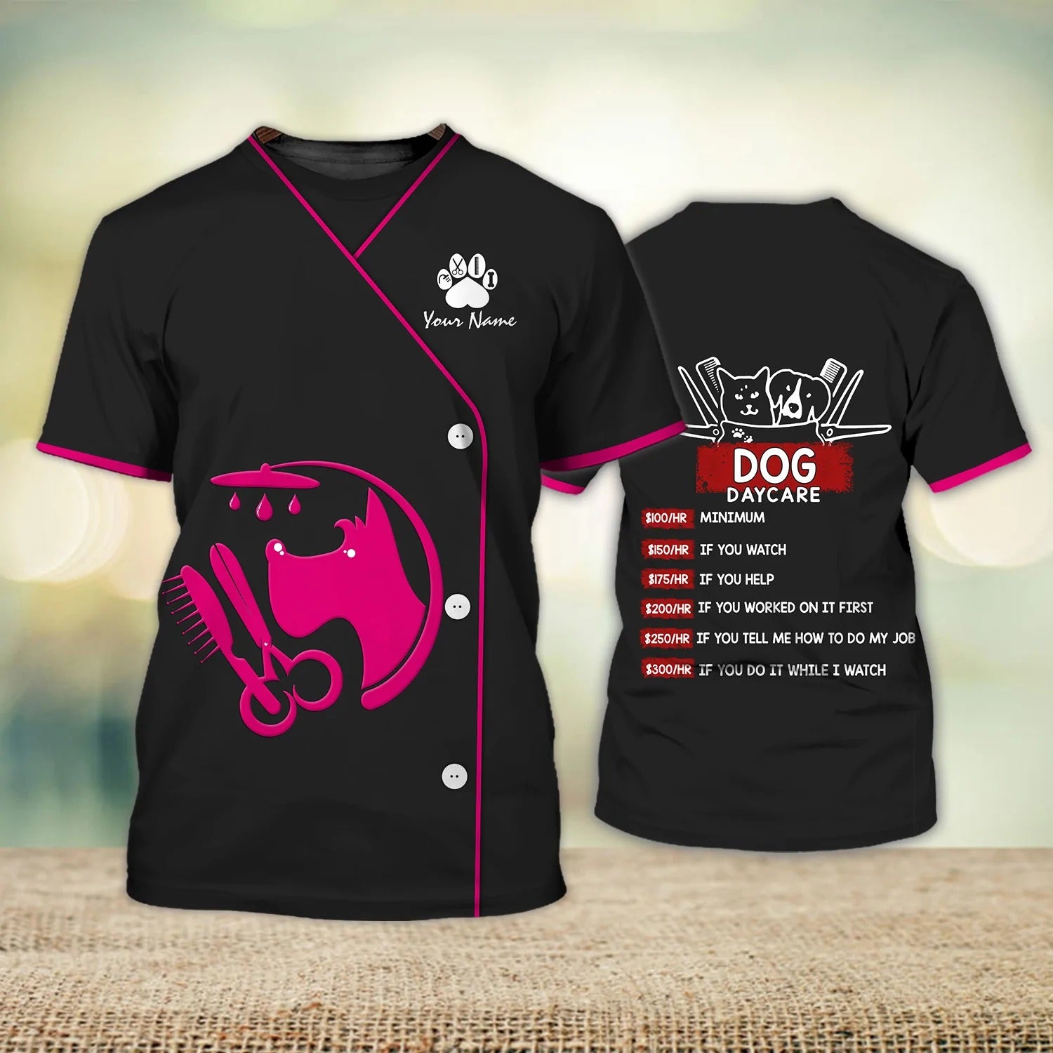 Custom Dog Groomer 3D Shirt Men Women Dog Day Care Groomer Pet Groomer Uniform Pink Salon