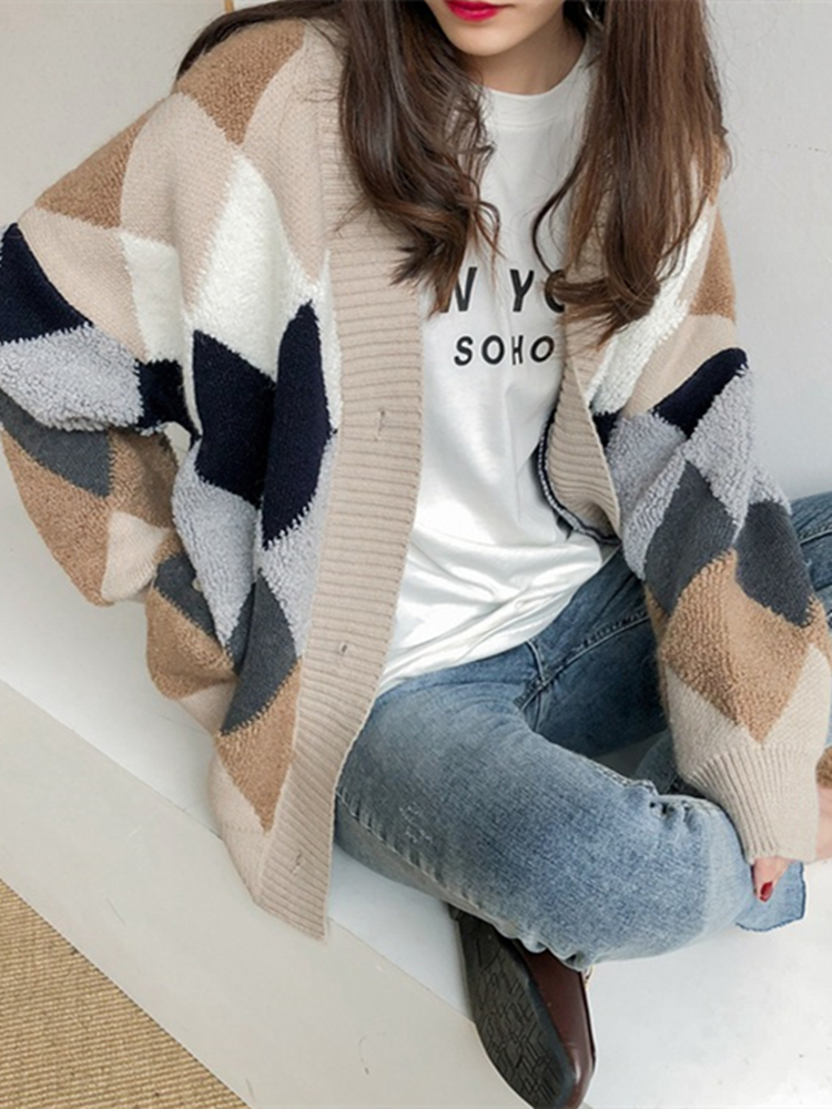 Colorfaith 2022 Plaid Chic Cardigans Button Puff Sleeve Checkered Oversized Women’s Sweaters Winter Spring Sweater Tops SW658 alx