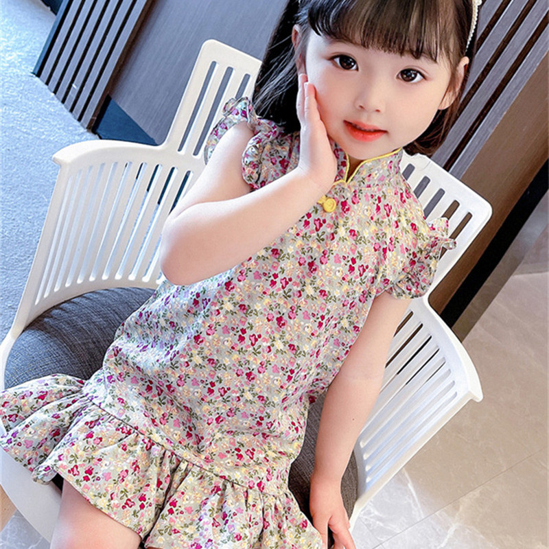 1-7Yrs Baby Girls Dress 2021 Summer Round Neck Flying Sleeve Floral Print Chiffon Dress Chinese Style Lovely Kids Mermaid Dress alx