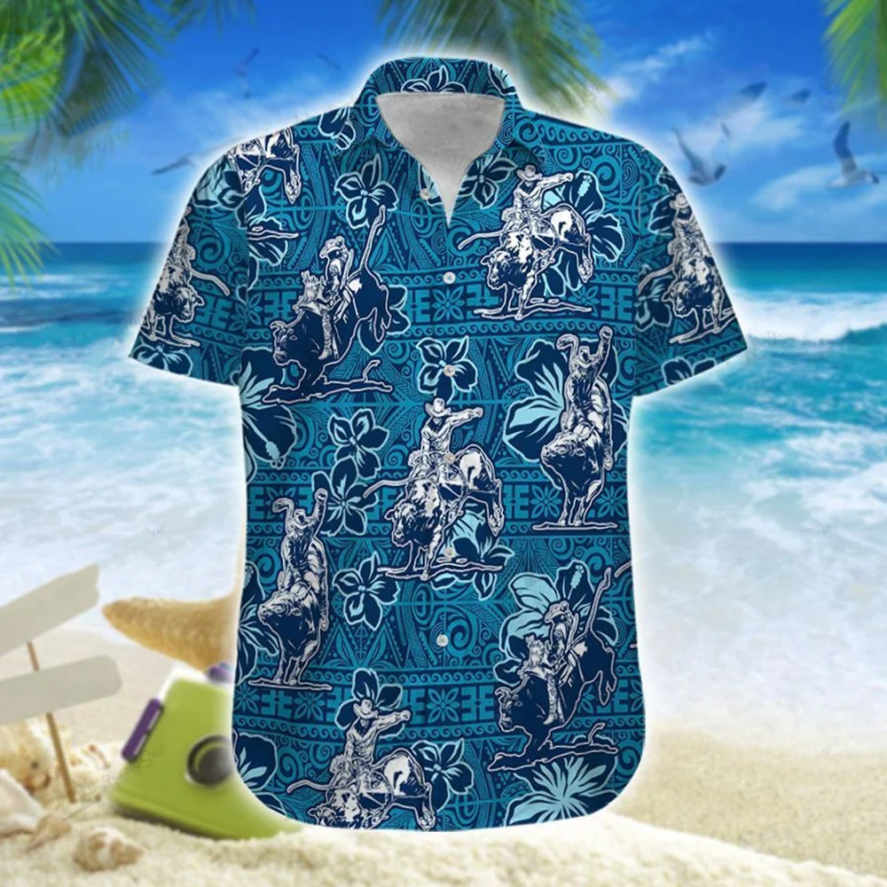 Bull Riding Blue Ancient Pattern Hawaii Shirt Ha32221