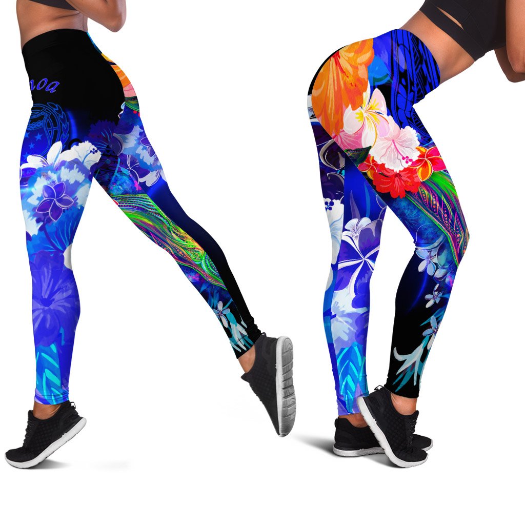 Samoa Leggings – Humpback Whale With Tropical Flowers (Blue)