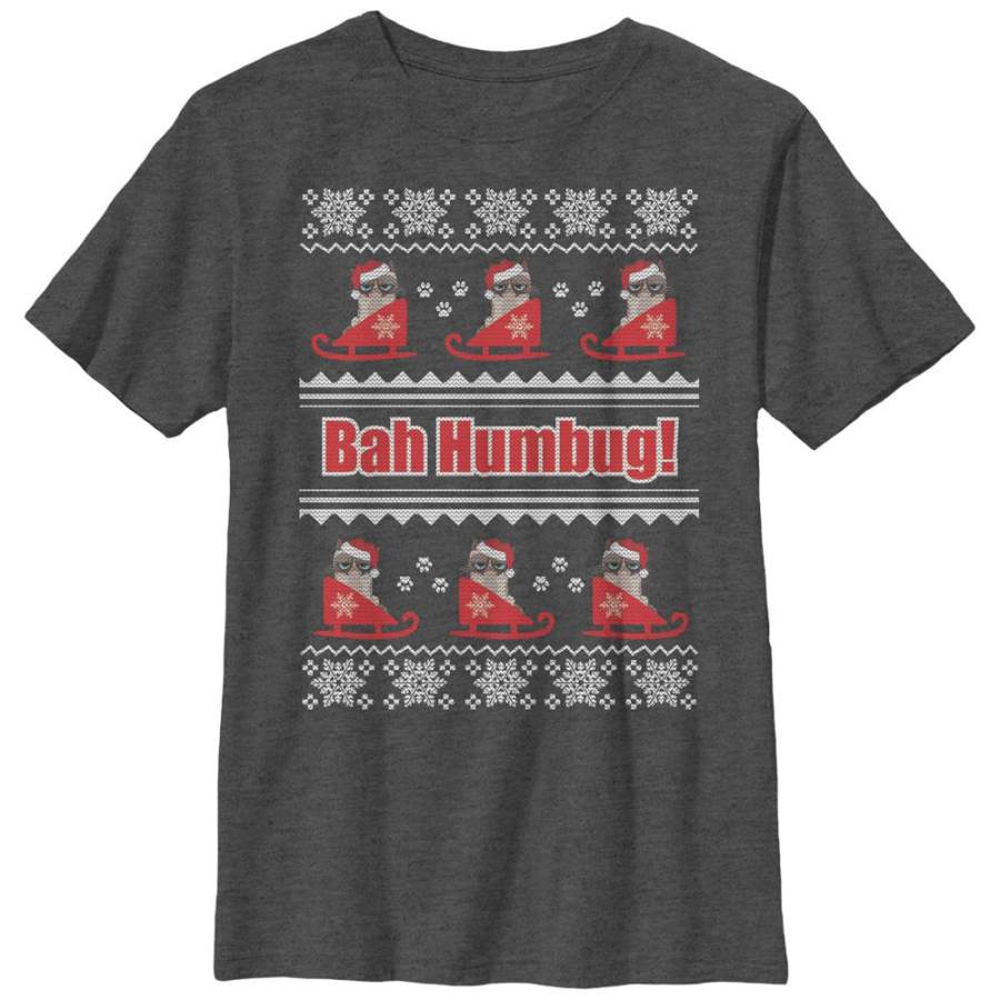 Grumpy Cat Boy’s Ugly Christmas Bah Humbug  T Shirt Charcoal Heather