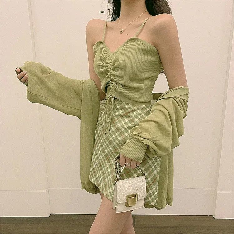 Women 2022 Summer New Fashion Sets Streetwear Tank Top + Sunscreen Cardigans + Plaid Skirts 3 Pieces Set Casual Outfits Suit M60 alx