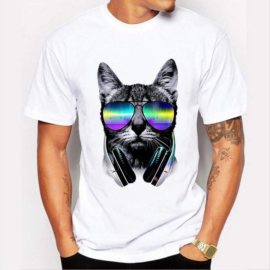 New Arrival Fashion Cool Dj Cat T-Shirt Summer Tops Tees Print Animal T Shirt Men’S O-Neck Short Sleeve Basic Tops