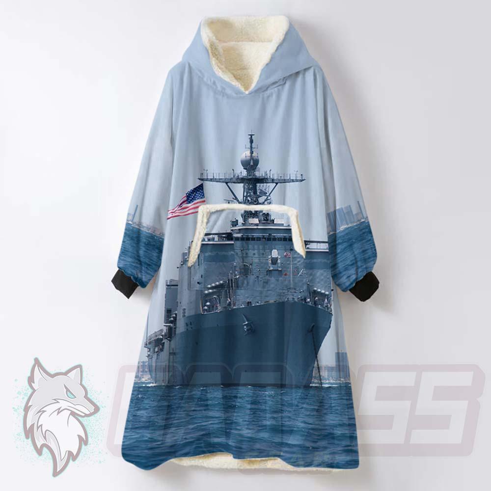 Whidbey Island Class Dock Ship BDG-1145 Oversized Sherpa Blanket Hoodie