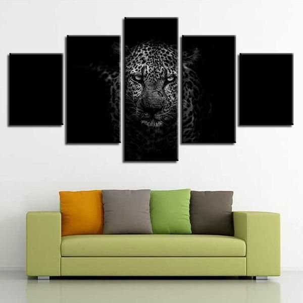 Black Background With Leopard Animal 5 Panel Canvas Art Wall Decor