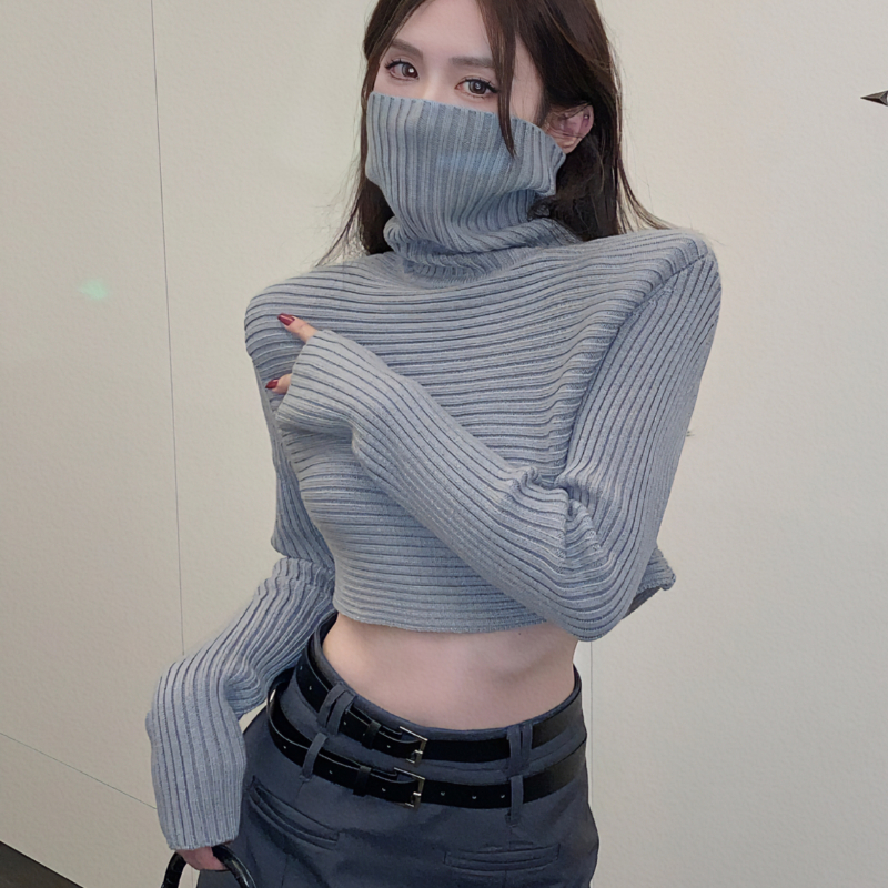 Streetwear High Collar Solid Color Casual Long-sleeved Sweater Women 2022 Winter New Sexy Slim Thread Knitting Crop Tops alx