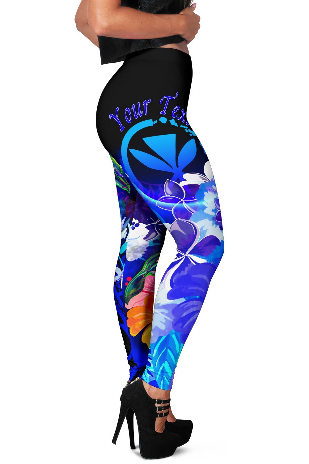 Polynesian Hawaii Custom Personalised Women’s Leggings – Kanaka Maoli  Humpback Whale with Tropical Flowers (Blue)- BN18