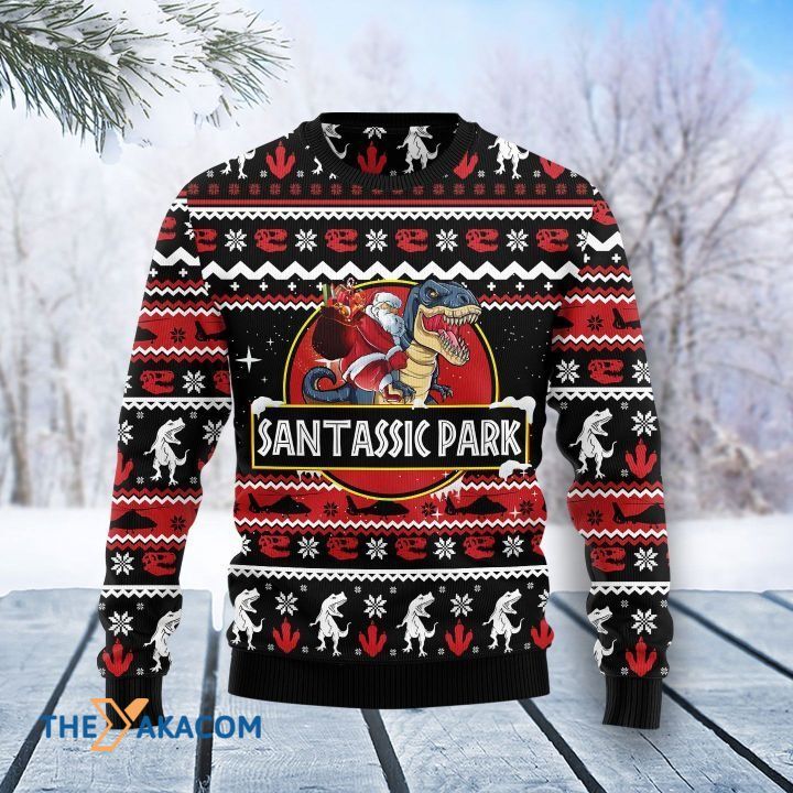 Strong Dinosaur Carry Santa Claus Santassic Park Gift For Christmas Ugly Christmas Sweater