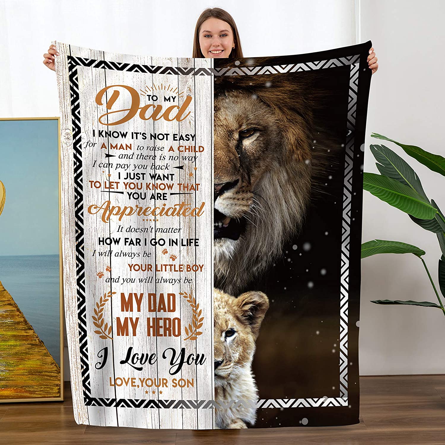 To My Dad Lion Throw Blanket Gift From Son-My Hero Birthdays Christmas Father’S Day Soft Bed Blanket