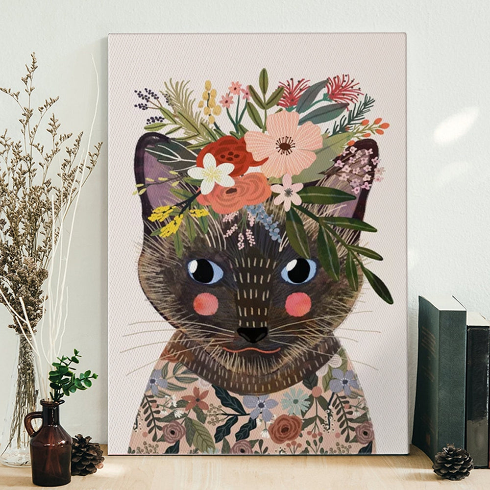 Cat Portrait Canvas – Siamese Cat With Flowers – Canvas Print – Canvas With Cats On It – Cat Canvas – Furlidays