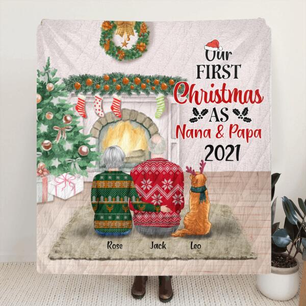 Custom Personalized First Christmas As Nana & Papa Quilt/ Fleece Blanket – Couple With Upto 4 Pets – Christmas Gift For Dog/ Cat Lover