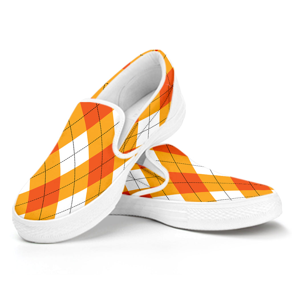 White And Orange Argyle Pattern Print White Slip On Shoes