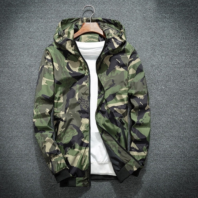 Sportwear Camouflage Print Jacket Men Camo Hooded Zipper Windbreaker Jackets Coat Military Jackets Fashion Streetwear alx