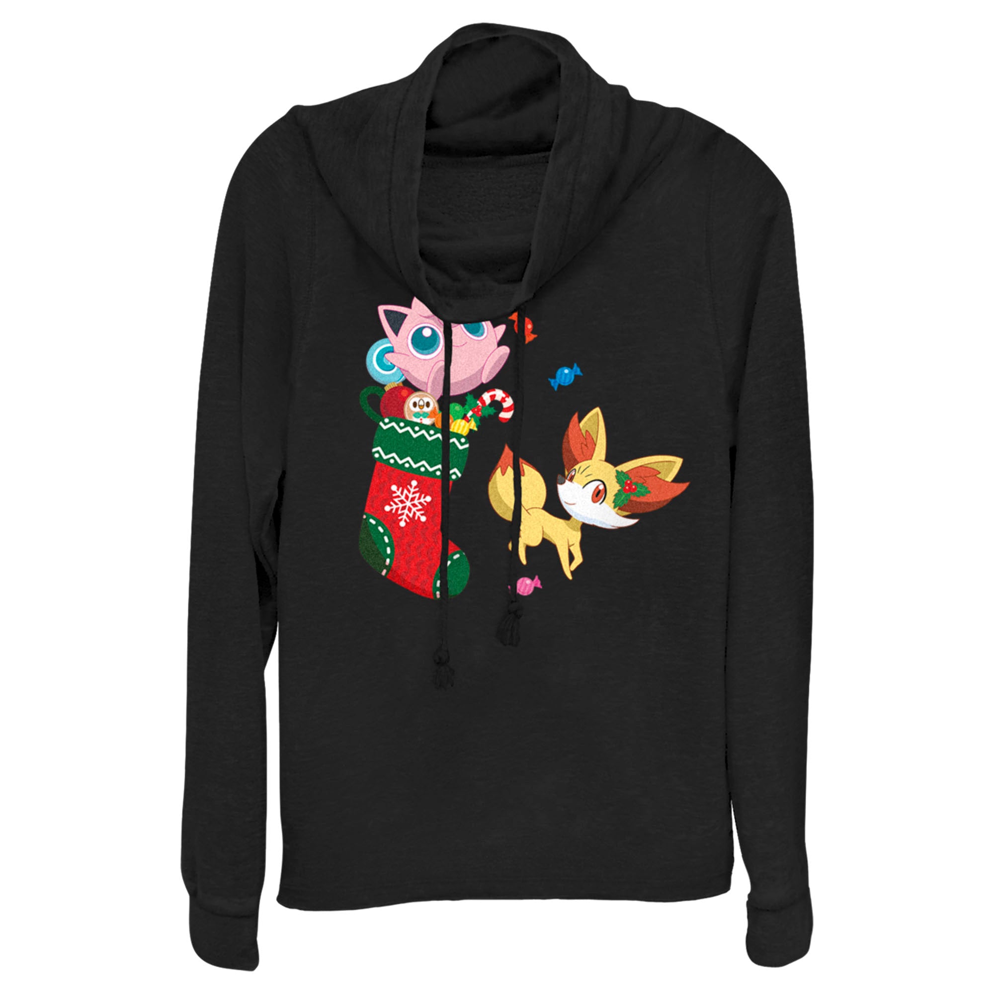 Junior’S Pokemon Christmas Jigglypuff And Fennekin Stocking Cowl Neck Sweatshirt