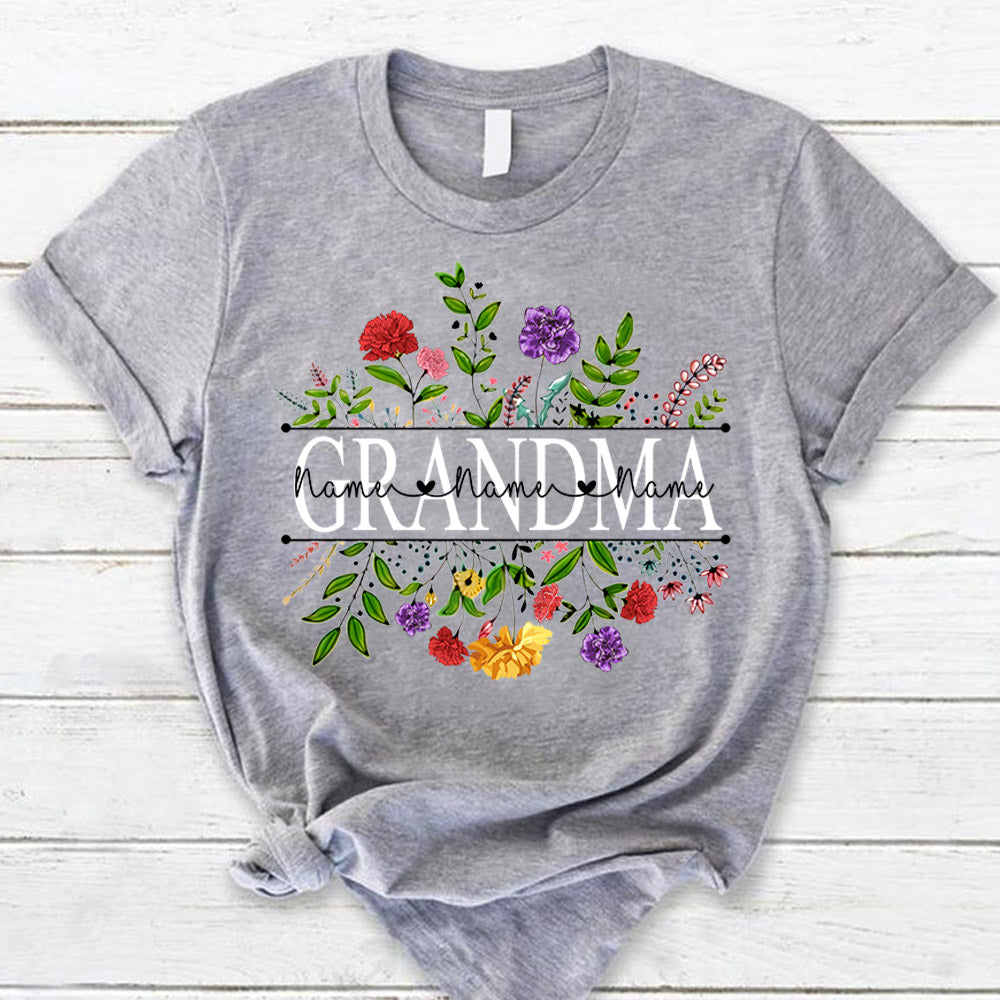 Personalized Grandma With Grandkid’S Names Carnation Frame Shirt For Grandma Huts