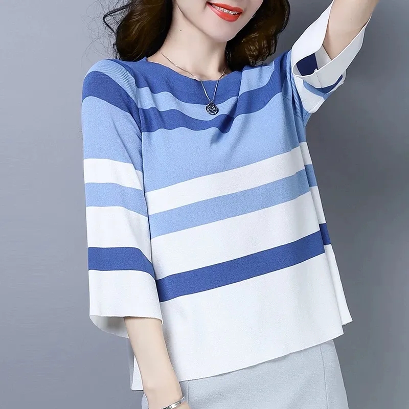 Women Leisure Loose Sweetshirts Summer Elastic Harajuku Long Sleeve Knit Blouse Korean O-Neck Stripe Basic Pullover Women alx