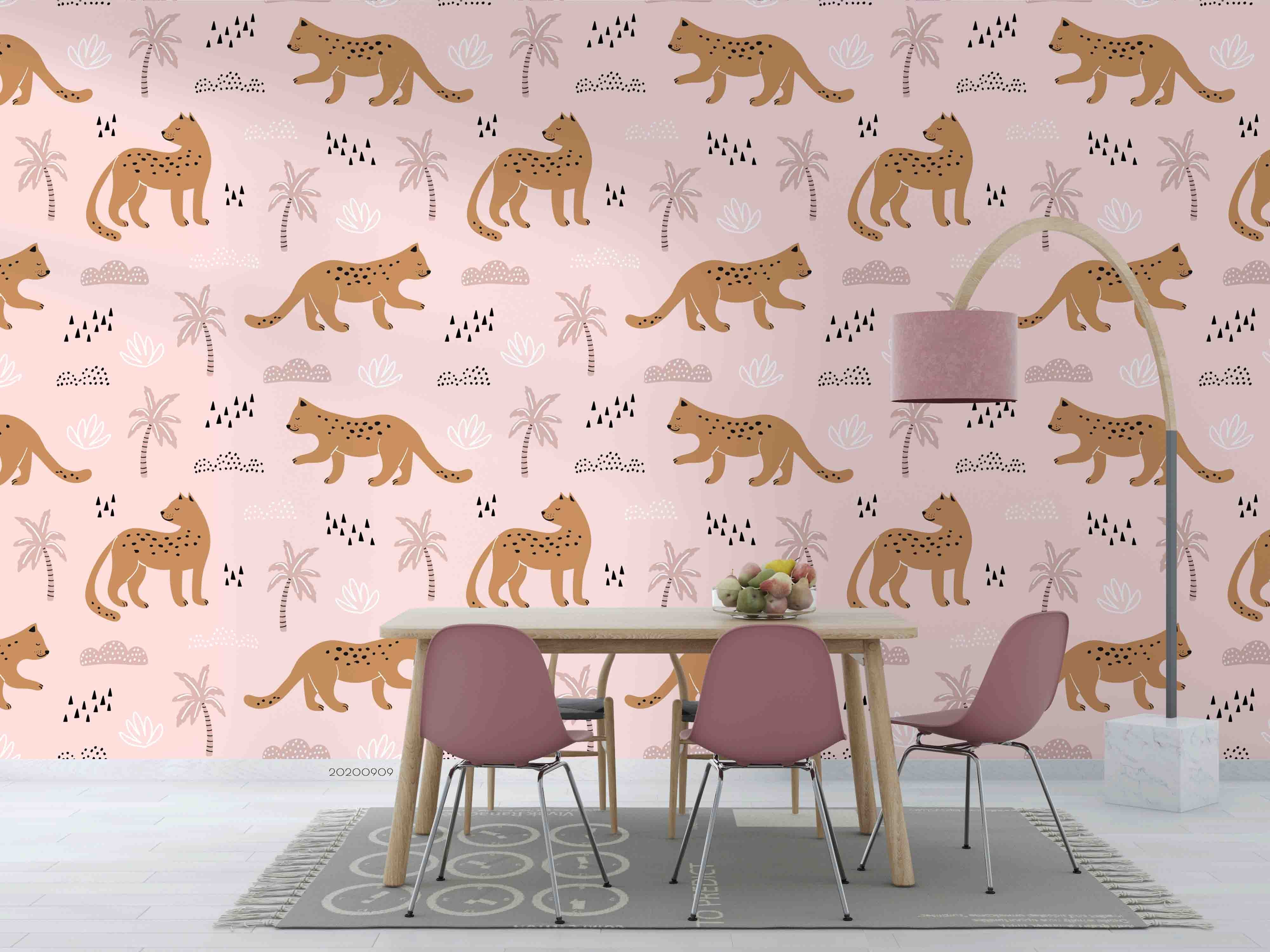 3D Cartoon Leopard Pattern Palm Tree Plant Pink Wall Mural Wallpaper Lxl