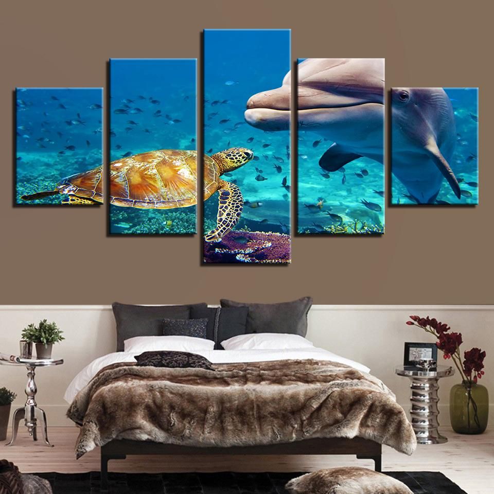 Sea Turtle Blue Deep Ocean Dolphin Fish Animal 5 Panel Canvas Art Wall Decor