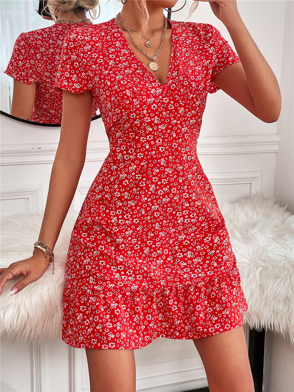 Summer New V-neck Geometric Dotted Floral Women Dress Ruffle Decoration X-type Sexy Country Casual Style alx