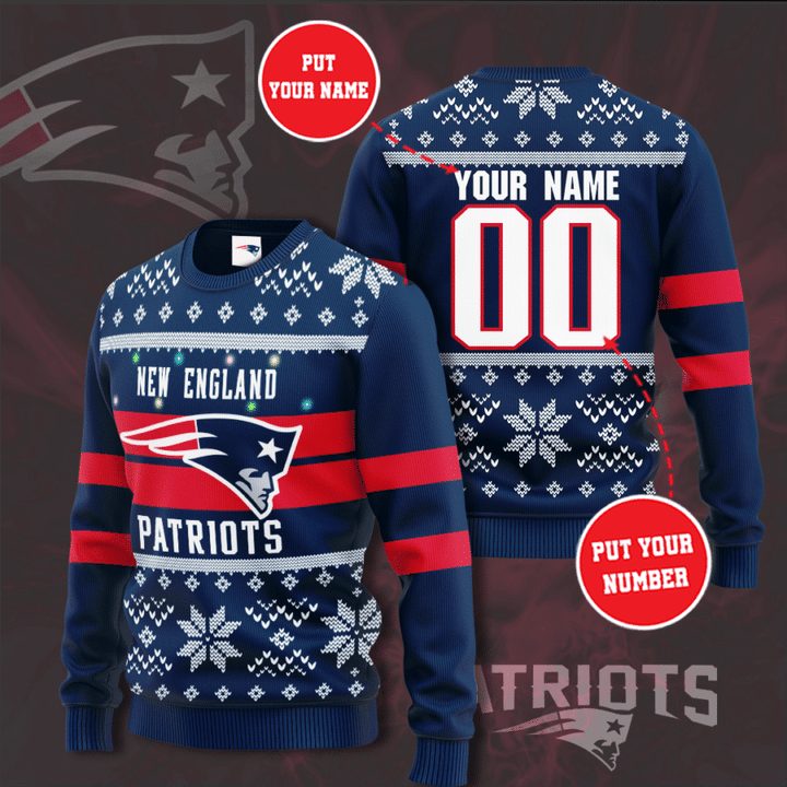 New England Patriots Custom Name Number Blue Red Gift For Fan Ugly Wool Sweater Christmas