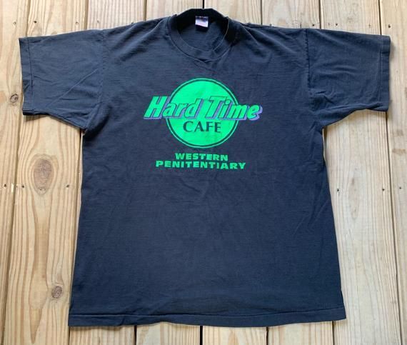 Vintage 90S Hard Time Cafe Western Penitentiary Black Novelty Shirtarge Shirt