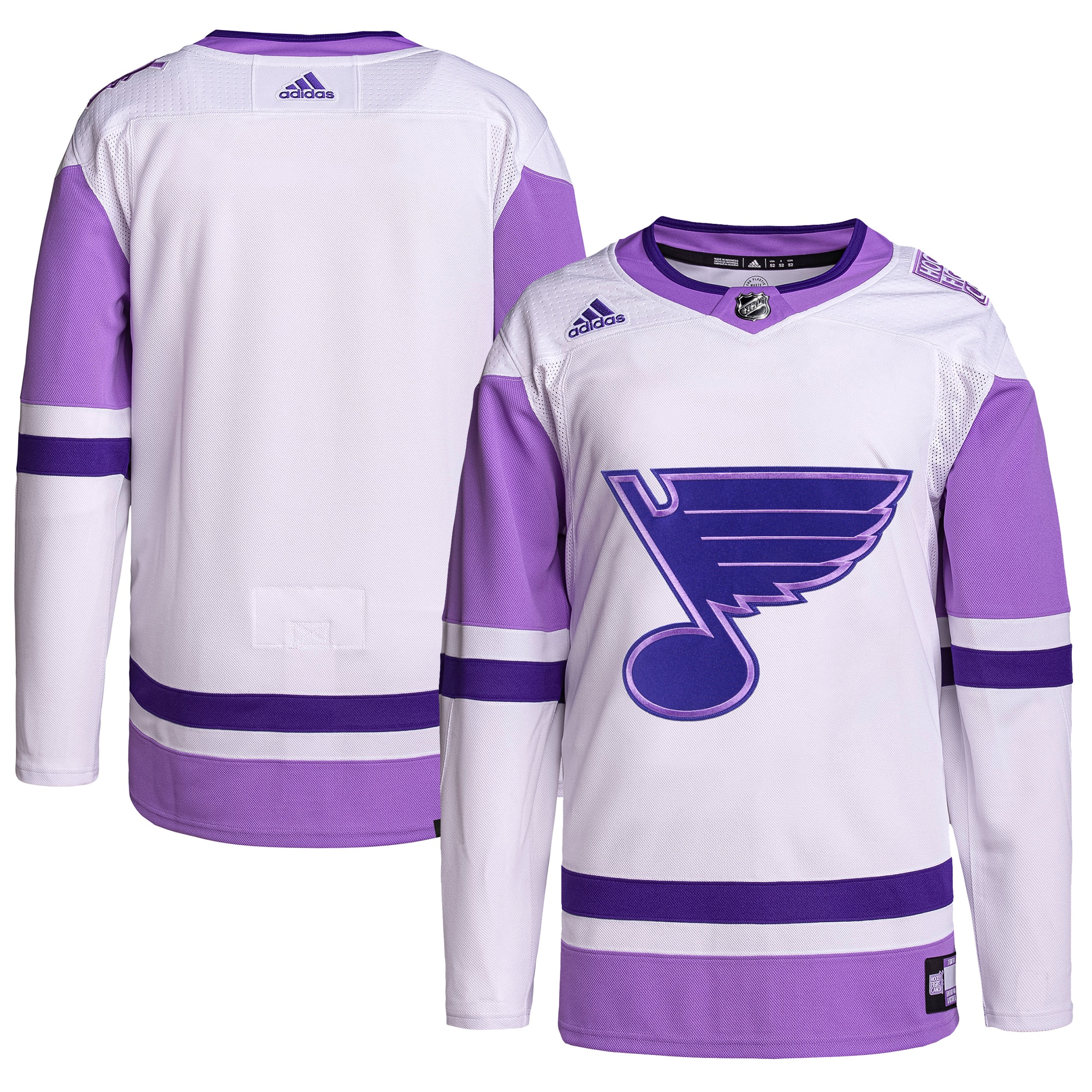 Men's St. Louis Blues adidas White/Purple Hockey Fights Cancer Primegreen Authentic Blank Practice Jersey