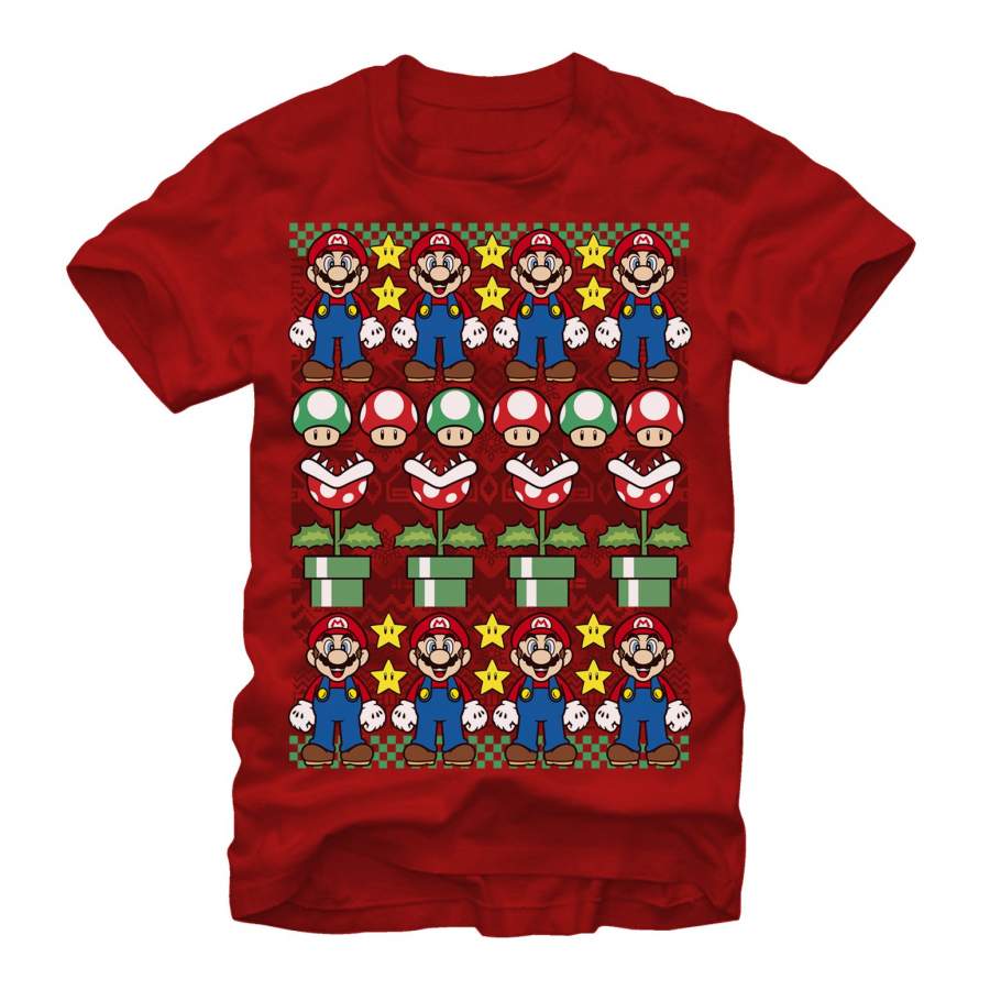 Nintendo Men’s Ugly Christmas Mario  T Shirt Red