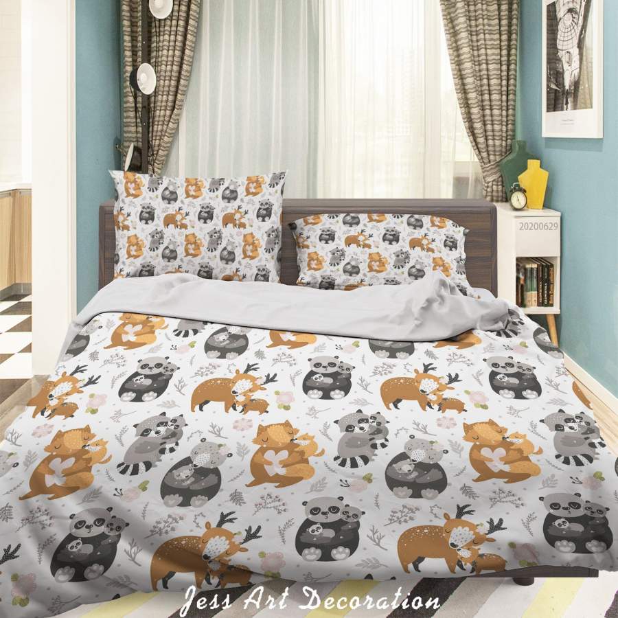 3D White Cartoon Animal Fox Bear Elk Tanuki Floral Quilt Cover Set Bedding Set Duvet Cover Pillowcases SF04