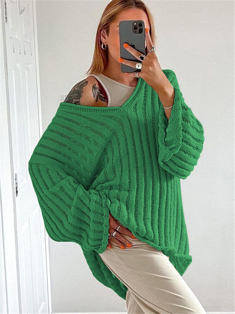 Tossy V-Neck Oversized Women’s Sweater Long Sleeve Hollow Out Striped Knit Tops Winter 2022 Trend Casual Loose Pullover Sweaters alx