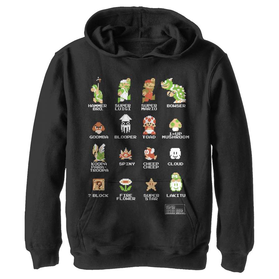 Nintendo Boy’s Super Mario Bros Pixel Cast with Names  Lightweight Hoodie