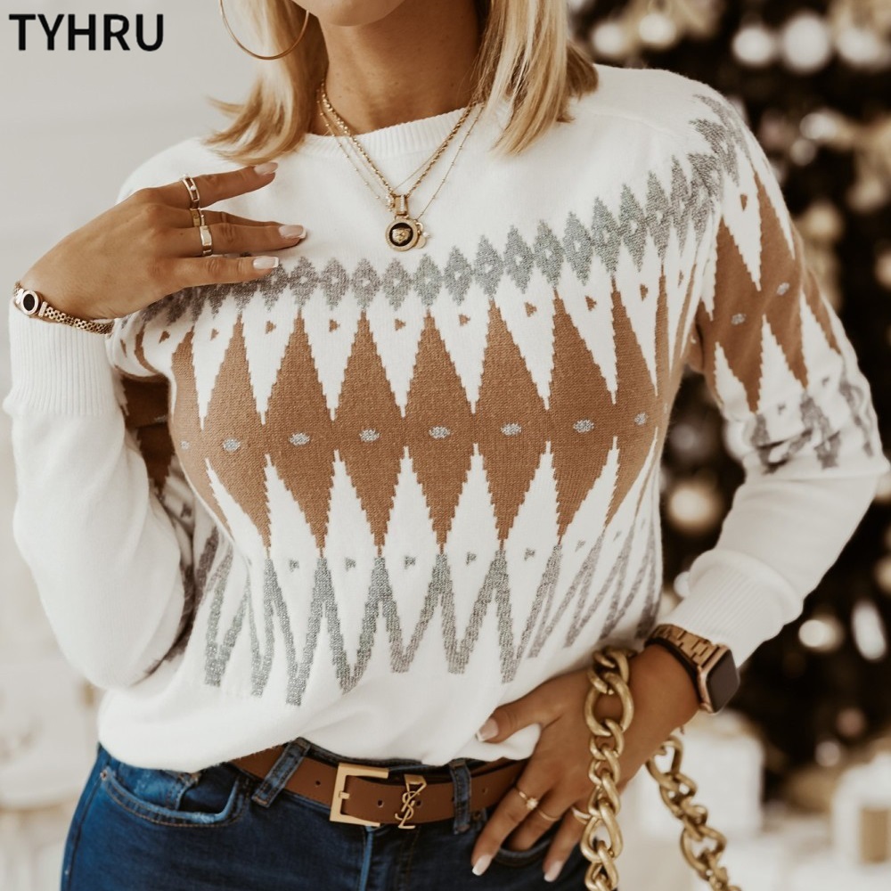 TYHRU Women’s O-Collar Retro Sweater Knitting Long Sleeve Contrast Color Loose Tops Pullover Soft Warm Jumper alx