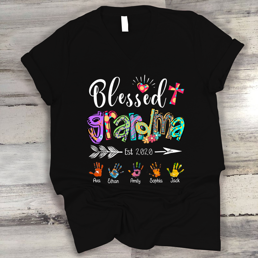 Blessed Grandma Est Colorful V-Neck