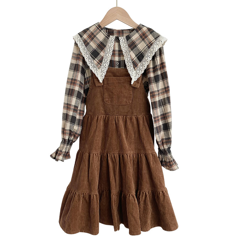 Teen Girls Elegant Clothing Set 2022 Autumn New Spring Fashion Kids Plaid Blouse And Corduroy Suspender Dress Suit Retro 2pcs alx