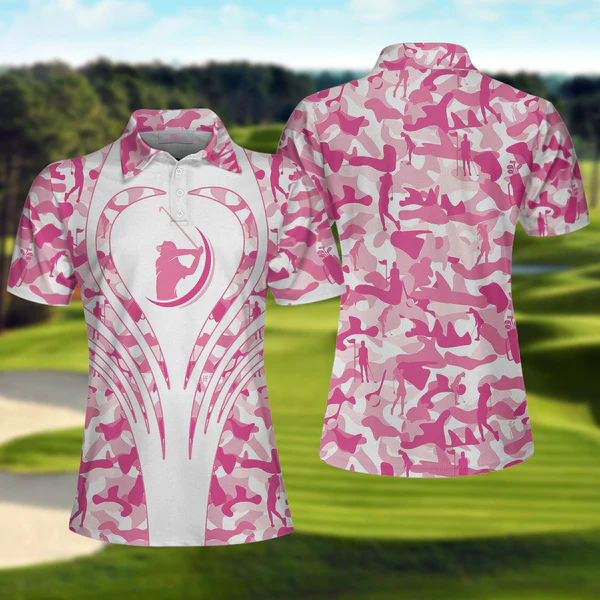 White Pink Camouflage Thinning Layout Golf Short Sleeve Women Polo Shirt, Best Golf Shirt For Female Golfers Coolspod