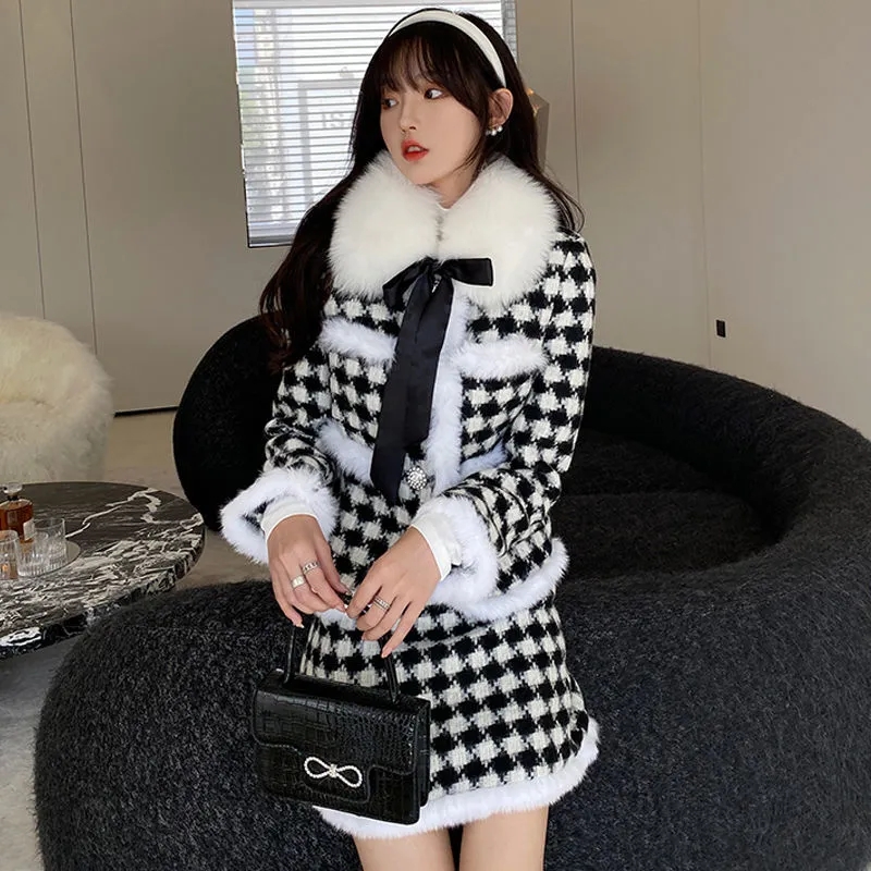 Autumn Winter Houndstooth Print Single-breasted Coat Women +skirt Womens Two Peice Sets Elegant Thick Warm Streetwear Women Coat alx