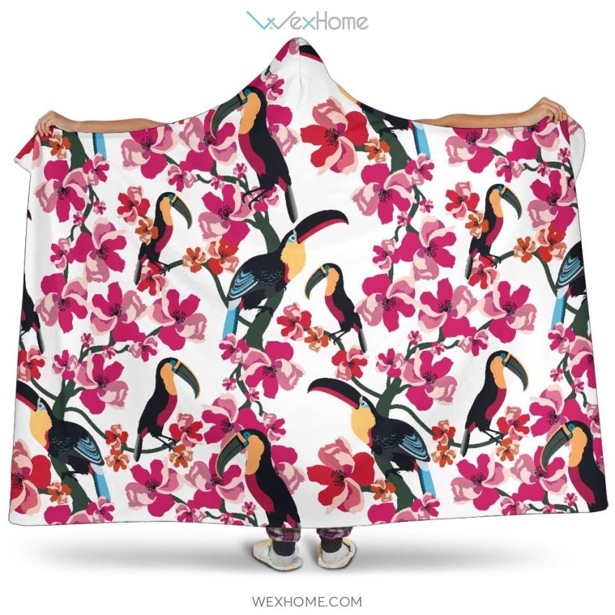 Toucan Flower Design Pattern Hooded Blanket