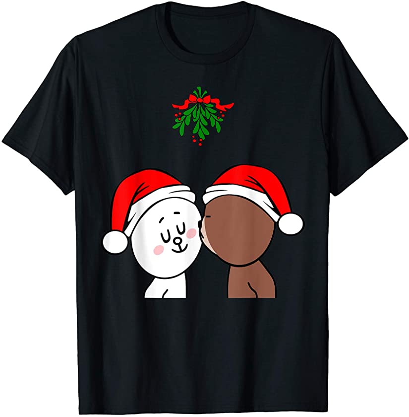 Brown Bear Cony Bunny Rabbit Christmas Kiss Under Mistletoe T-Shirt