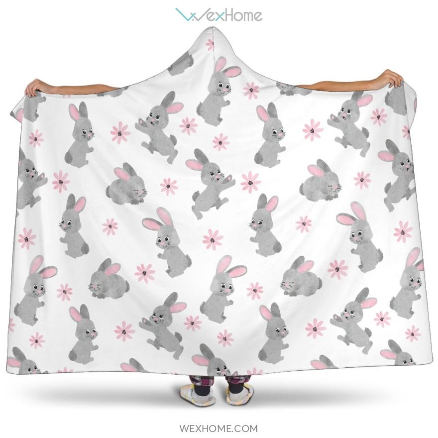 Watercolor Cute Rabbit Pattern Hooded Blanket