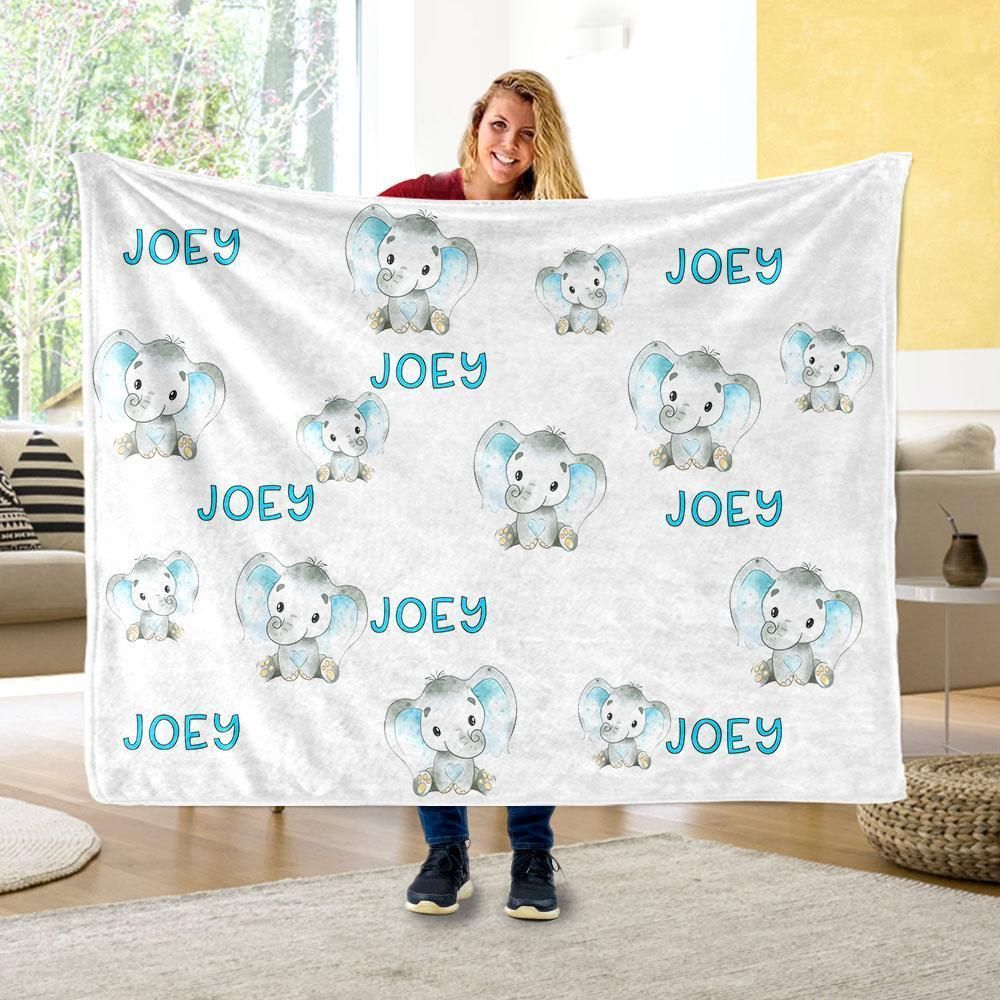 Joey Green Elephant Name Custom Text Printed Fleece Blanket