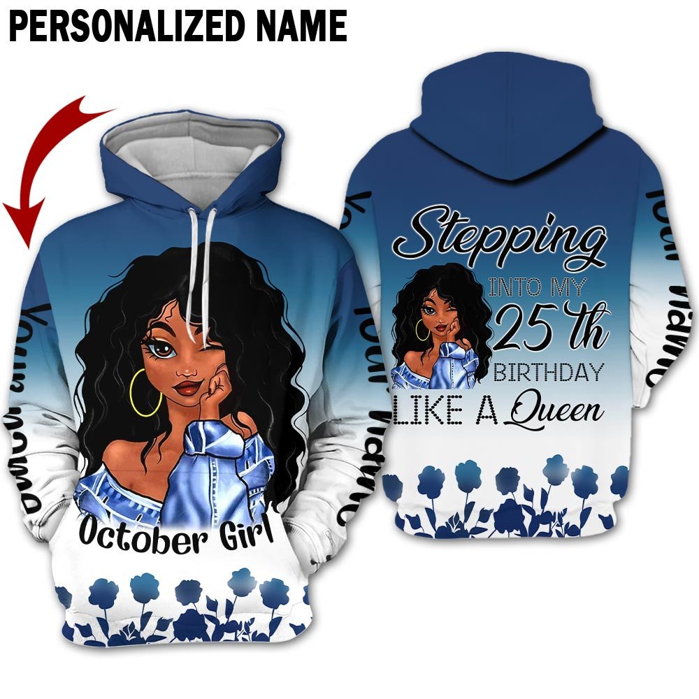 Personalized Name Birthday Outfit October Girl Blue Flower 25Th Birthday Shirt For Women