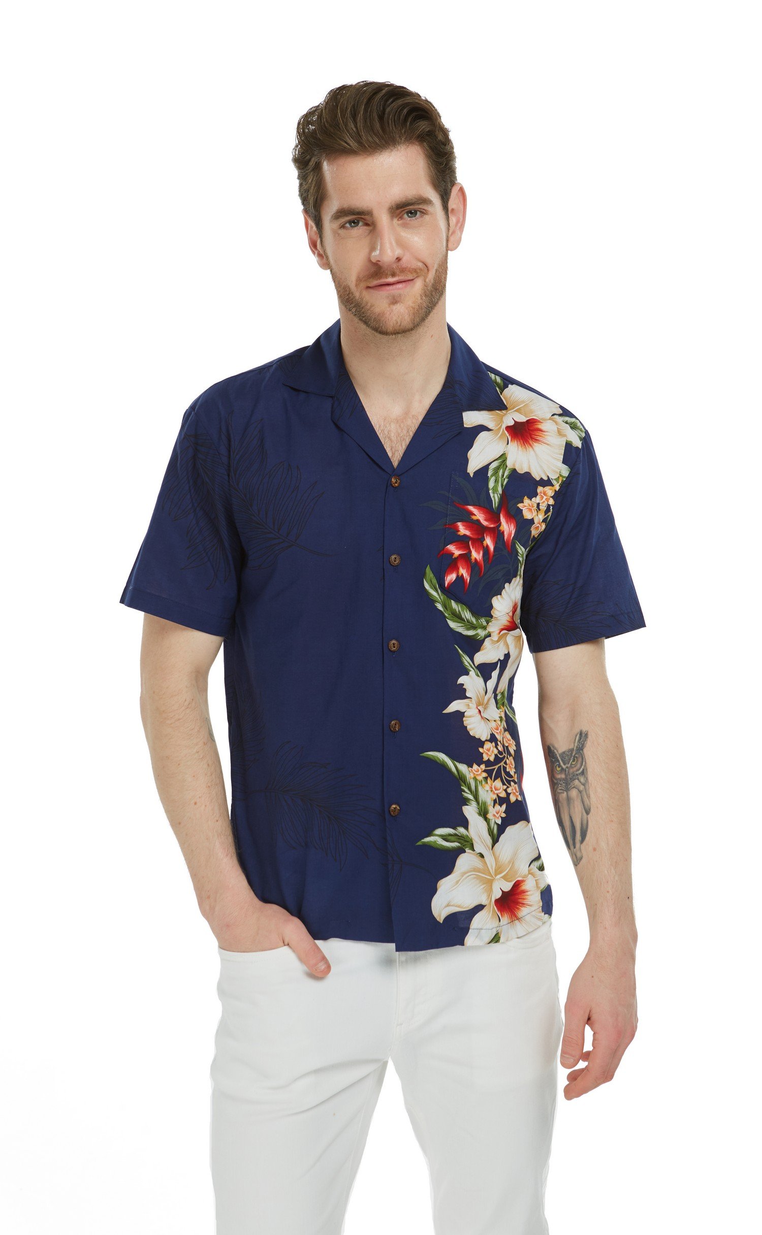 Men’s Aloha Shirt Side Rafelsia Orchid Floral in Navy – Jasaust Store