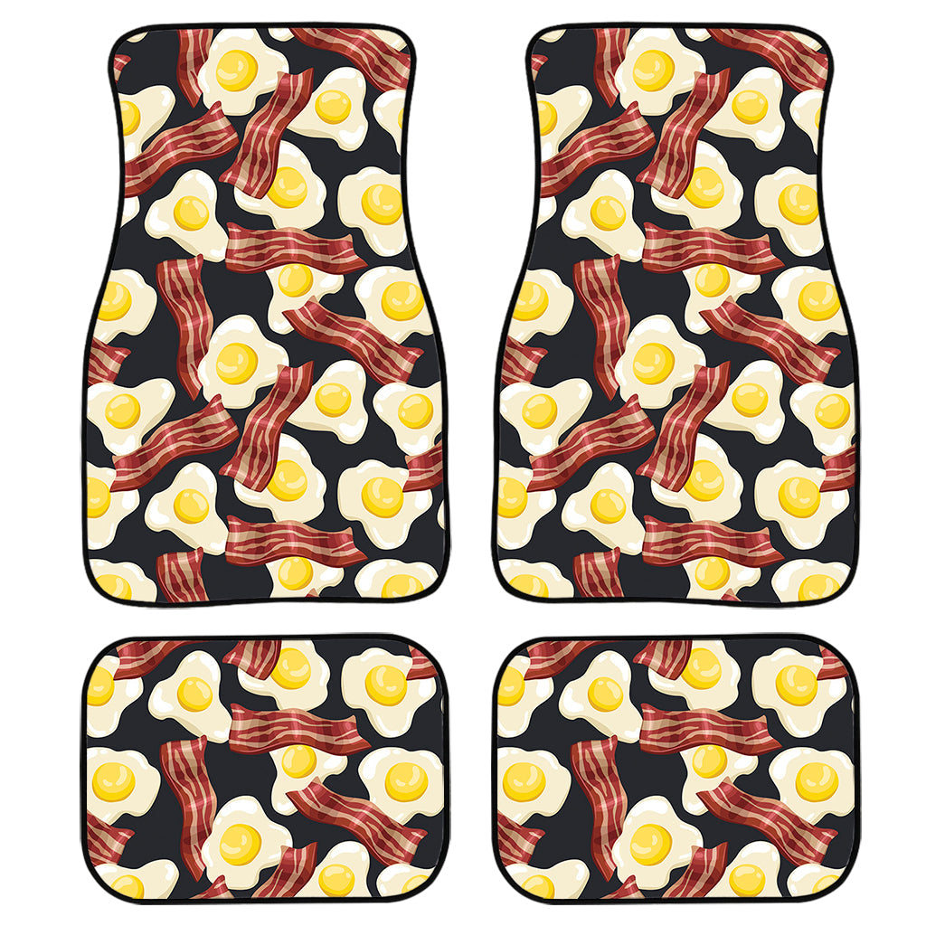 Black Fried Egg And Bacon Pattern Print Front And Back Car Floor Mats, Front Car Mat