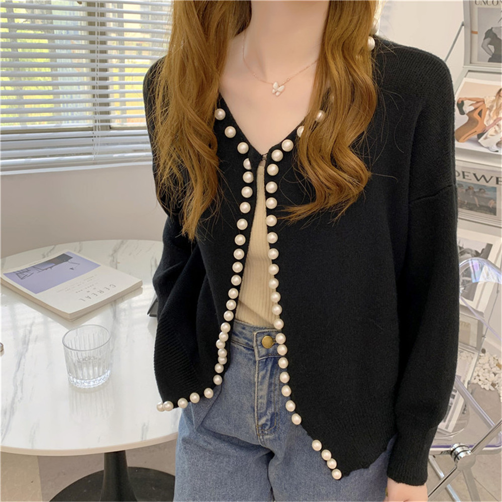 2021 Autumn Winter Korean Cute Casual Solid Long Sleeve Sweater Female Clothing Coat Pearls Knitted Cardigan for Women basic top alx