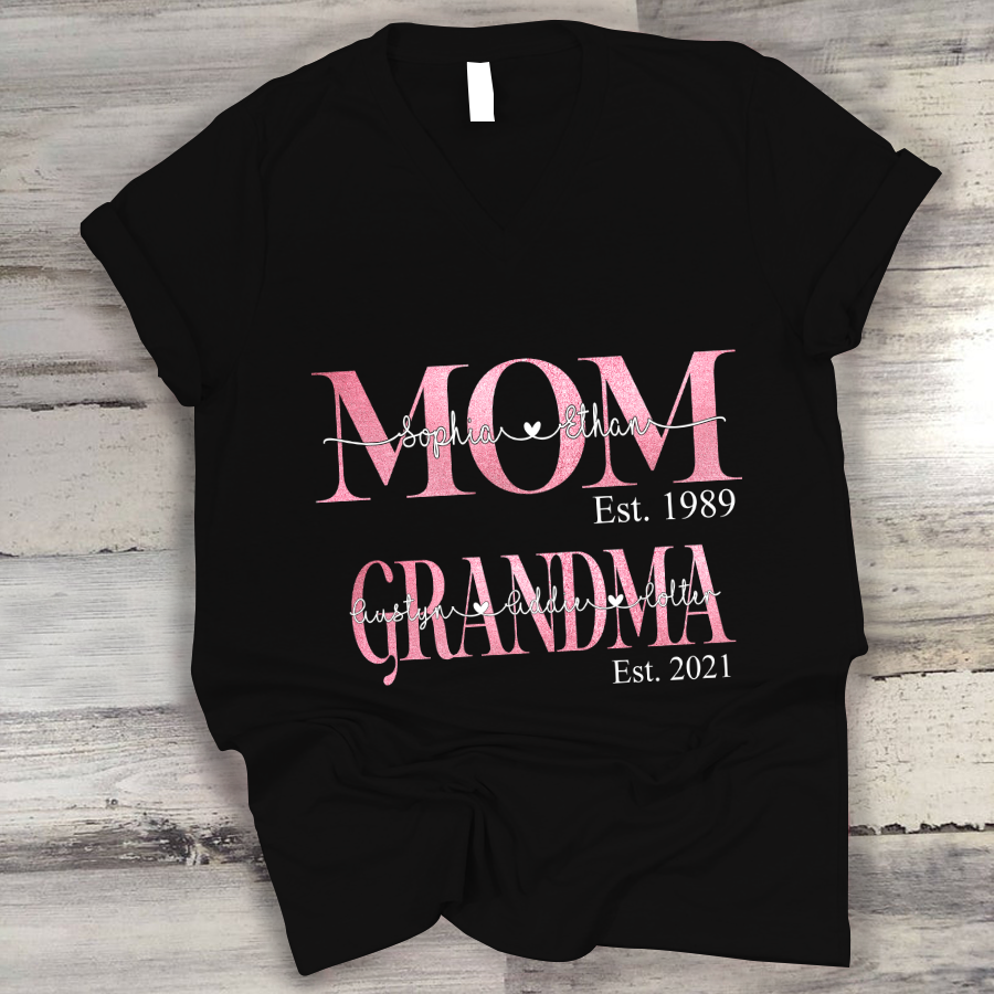 Personalized Mom Grandma With Grandkids Pink V-Neck