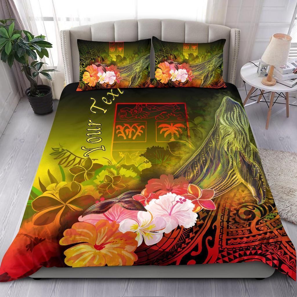 Alohawaii Bedding Set – Cover And Pillow Cases Fiji Custom Personalised – Humpback Whale With Tropical Flowers (Yellow)- Bn18