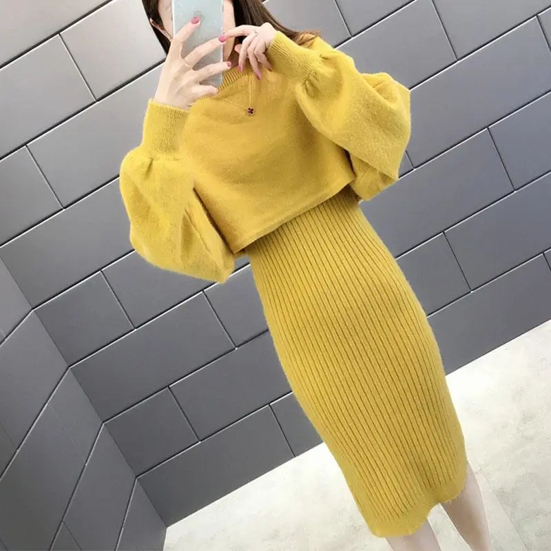 2022 Autumn Winter O-neck Sweater Pullover Sweater+suspenders Knitted Dress Womens Two Peice Sets Solid Color Office Skirt Suit alx