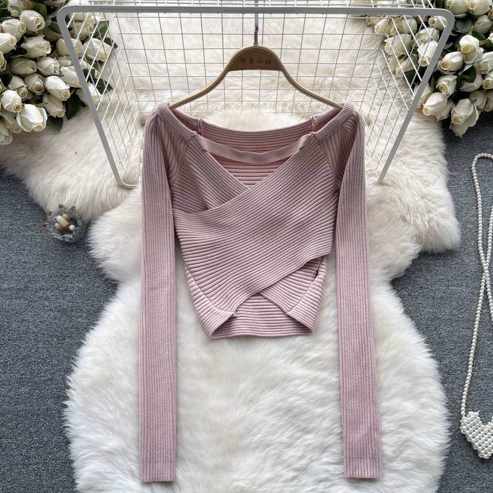 SINGREINY Knit Irregular Short Pullover Women Spring Cross Design Long Sleeve Sexy Fashion Lady Underwear Autumn Sweater Tops alx