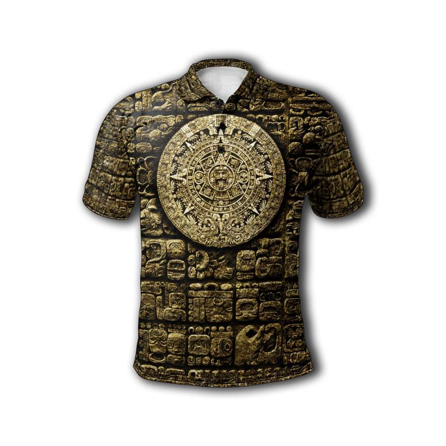 Aztec Warrior Polo Shirt – Mayan Calendar Aztec Hieroglyphic Mayan Polo Shirt Mexican Gold Style